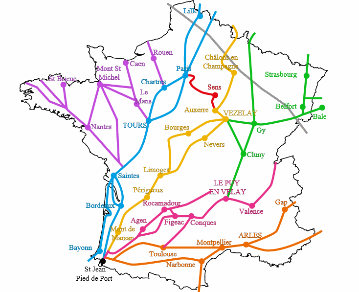 Les principaux chemins vers Saint Jacques de Compostelle en France